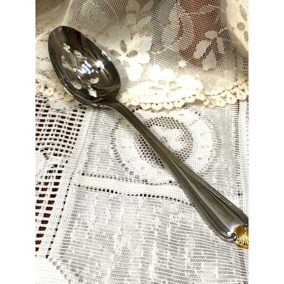 Pfaltzgraff 18/8 Stainless Set of 4 Slotted Spoons Gold Tip Brand New in Pack - Picture 2 of 8